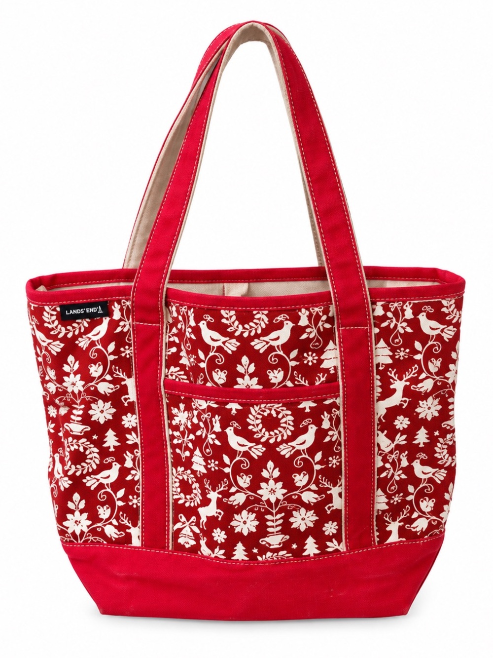 Lands' End Red and White Holiday 100% Cotton Canvas Floral Bird Wreath Tote